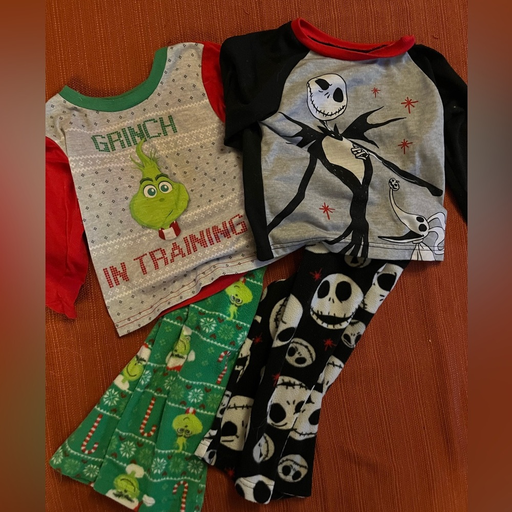 Pair of 2T Grinch and Nightmare before Christmas pajamas